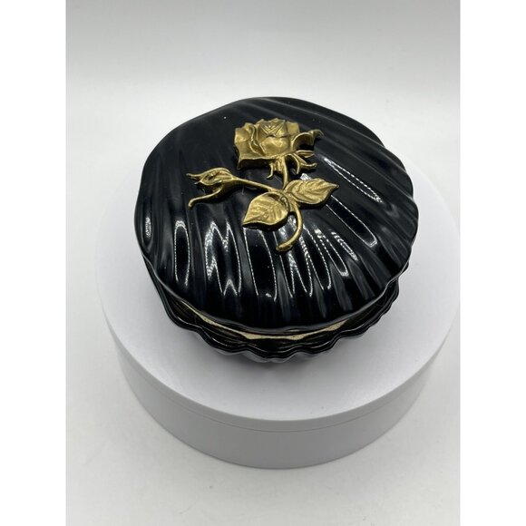 VINTAGEHinged Trinket/Jewelry Box Vintage Plastic Black Decorative Gold Flowers - Picture 1 of 16